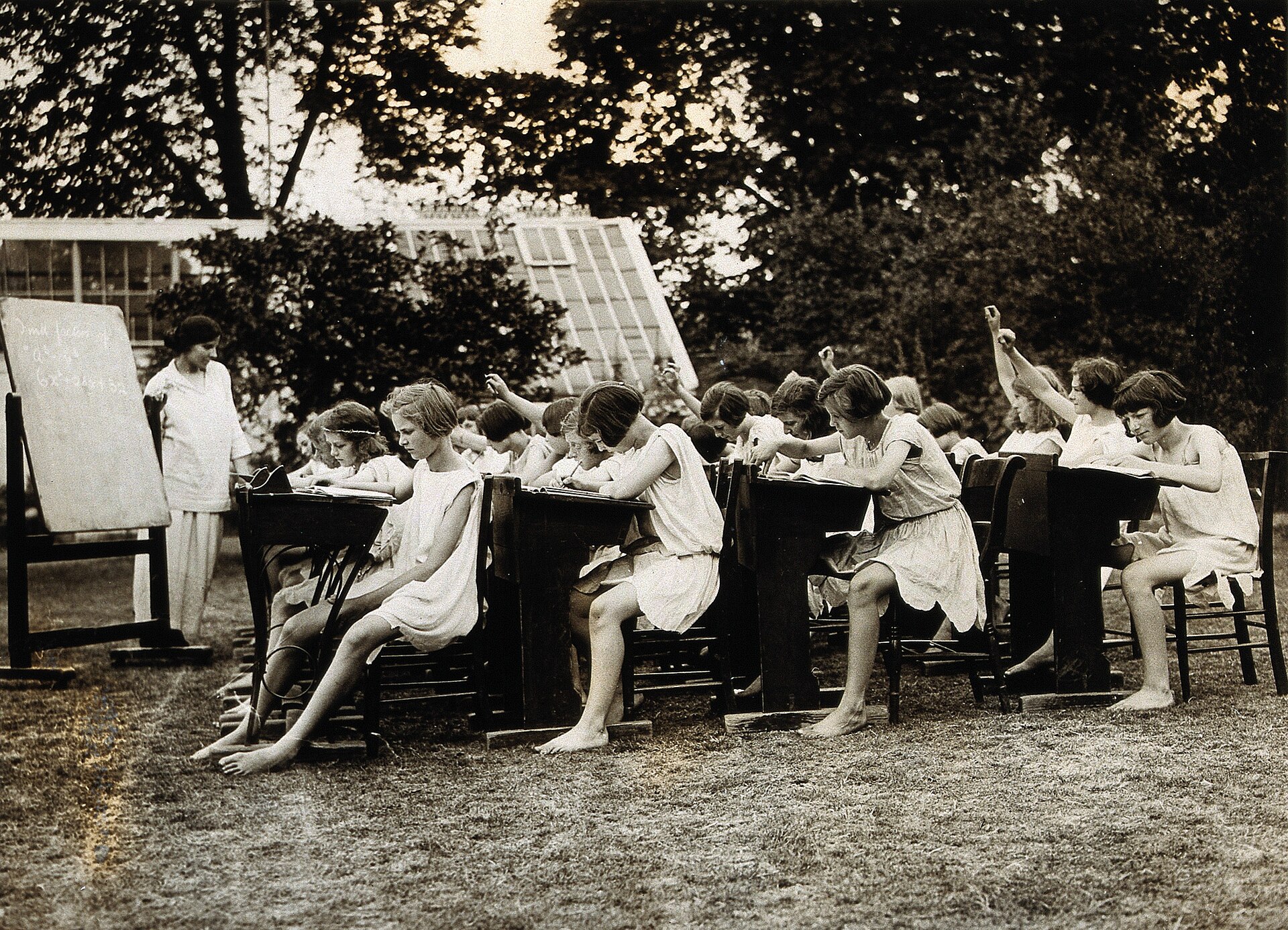 A teacher leading a class outdoors in the 1920s